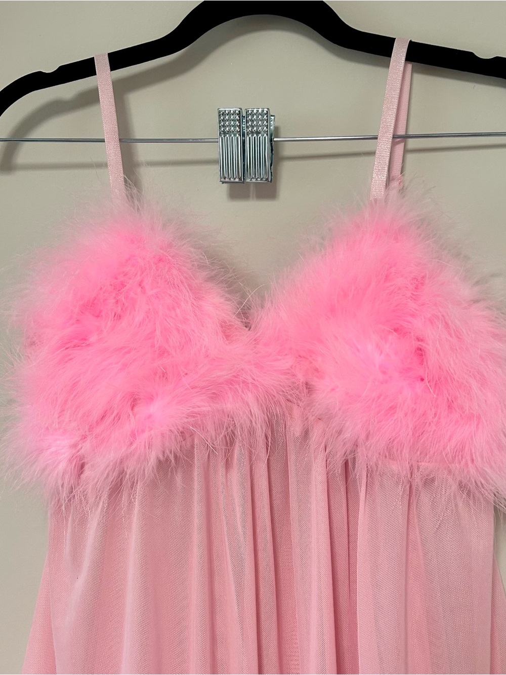 Pink Feather-Trim Mesh Babydoll Nightdress - Picture 2 of 3
